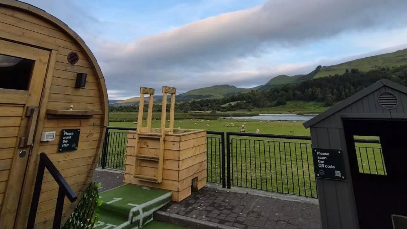 The cold plunge tub beside the barrel, Glencar Lough and the hills behind